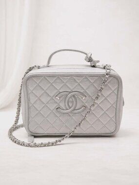 Authentic Chanel CC Filigree Vanity Case Silver QuiltedCaviar Leather Camera Bag